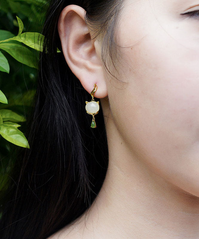 White Sterling Silver Overgild Jade Drop Earrings