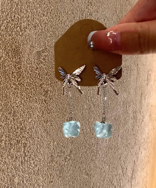 Chinese Style Blue Sterling Silver Butterfly Gem Stone Drop Earrings