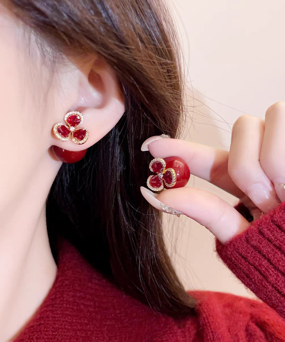 Stylish Red Copper Overgild Zircon Stud Earrings