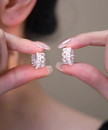 Modern White Alloy Woven Pearl Lace Hoop Earrings