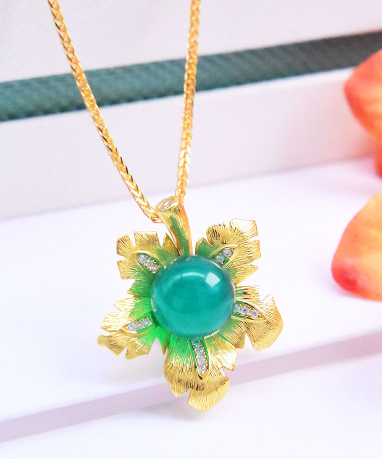 Retro Green Sterling Silver Inlaid Jade Pendant Necklace