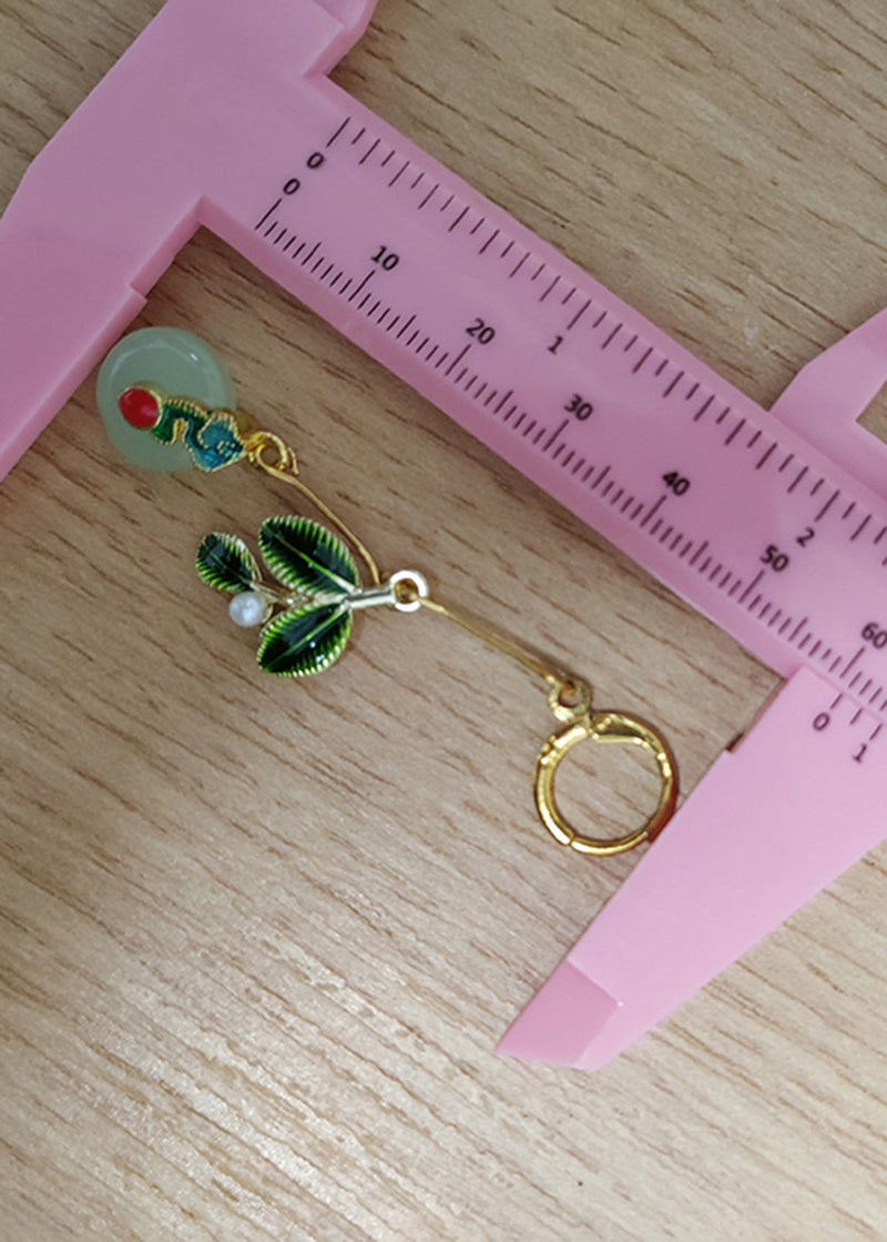 Metal Green Leaf Circular Jade Drop Earrings