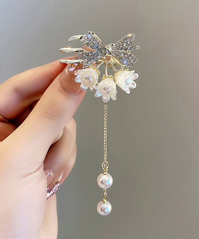 Classy White Alloy Zircon Pearl Lily of the Valley Tassel Hairpin