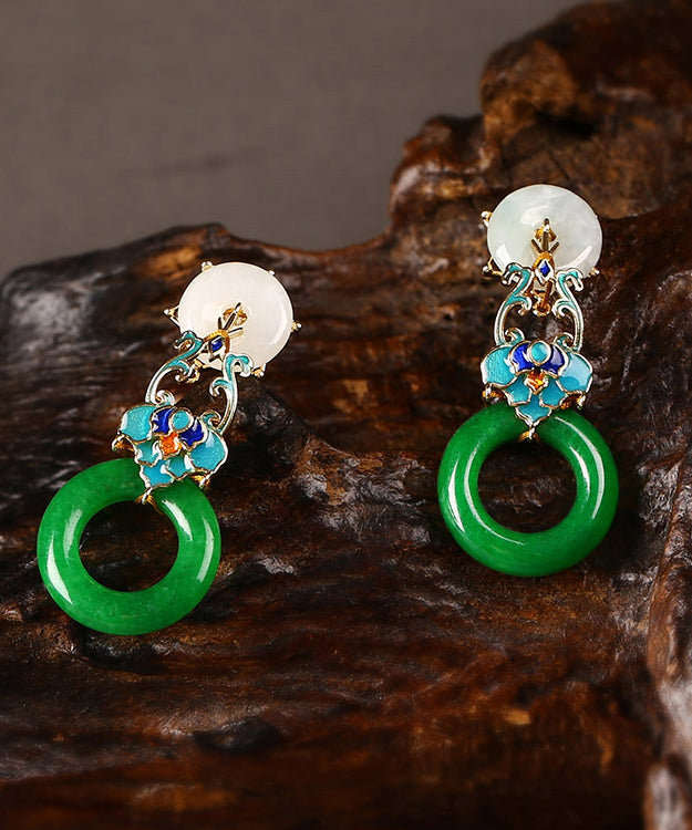 Modern Green Copper Cloisonne Jadeite Dry Green Drop Earrings