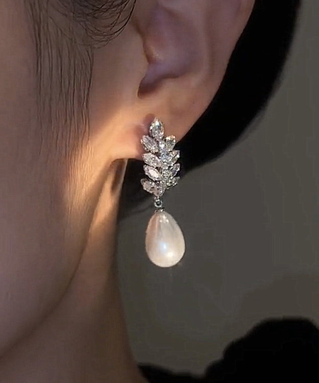 Exquisite Silver Needle Zircon Pearl Water Droplet Earrings