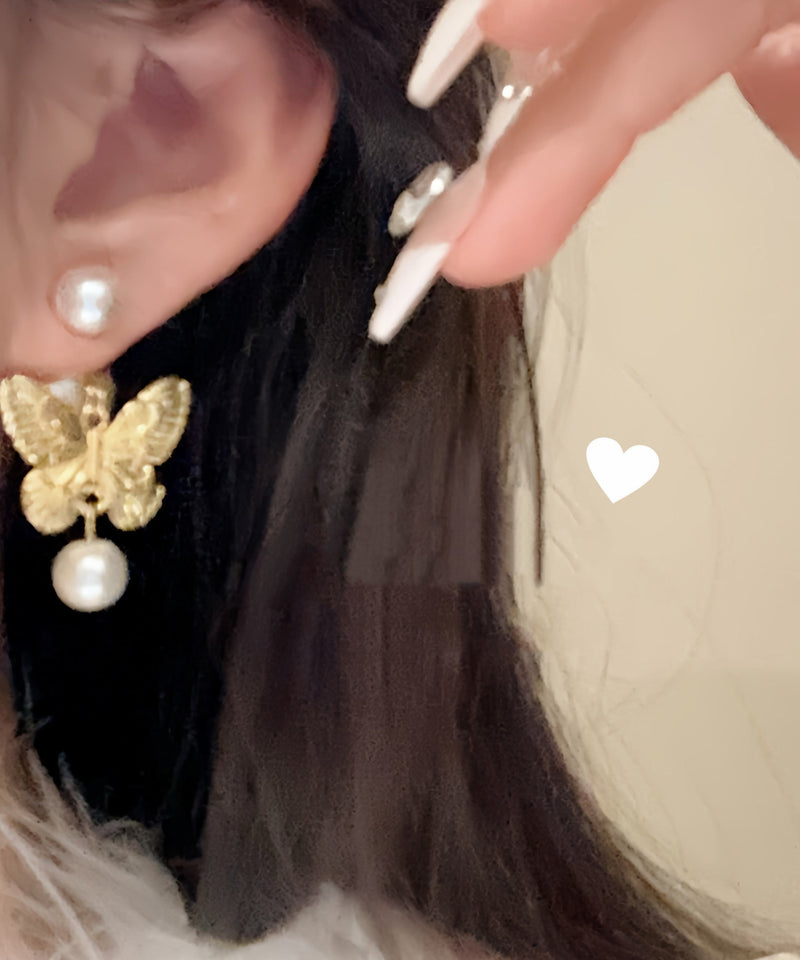 Gold Copper Alloy Butterfly Pearl Drop Earrings