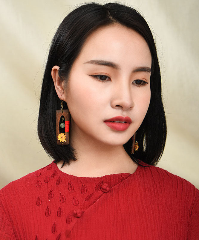 Retro Dark Brown Copper Jade Rectangular Wooden Block Drop Earrings