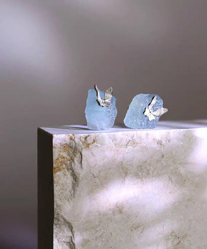 Diy Light Blue Sterling Silver Gem Stone Butterfly Stud Earrings