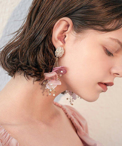 Holiday Style Tulle Flower Pearl Stud Earrings