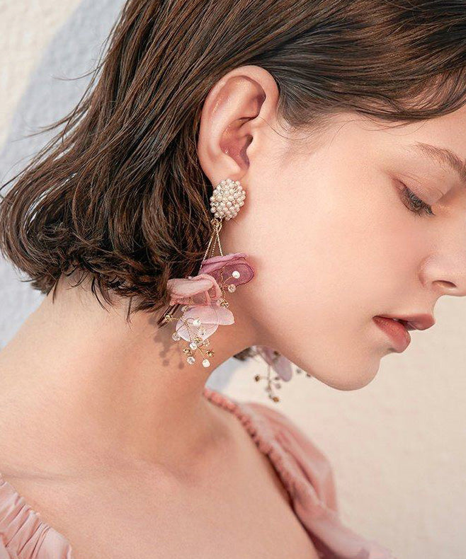 Holiday Style Tulle Flower Pearl Stud Earrings