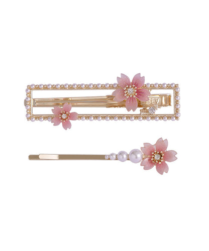 Pink Alloy Zircon Pearl Resin Begonia Flower Hairpin Two-piece Set