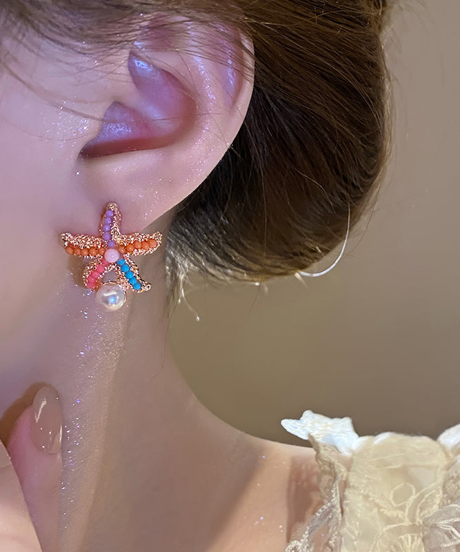 Rainbow Alloy Pearl Starfish Stud Earrings