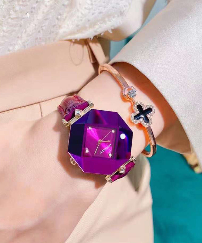 Green Leather Tempered Glass Waterproof Watch