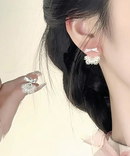 White Sterling Silver Alloy Bow Lace Patchwork Stud Earrings