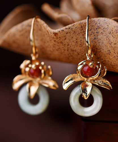 Retro Grey 14k Gold Gem Stone Drop Earrings