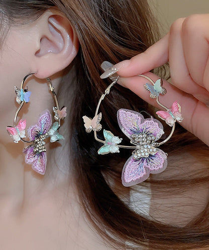 Purple Sterling Silver Alloy Zircon Butterfly Love Hoop Earrings