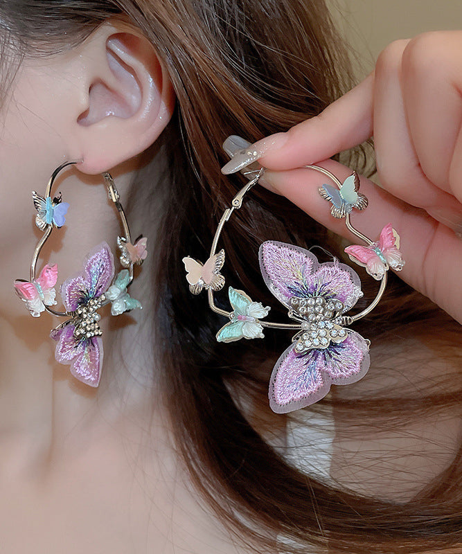 Purple Sterling Silver Alloy Zircon Butterfly Love Hoop Earrings