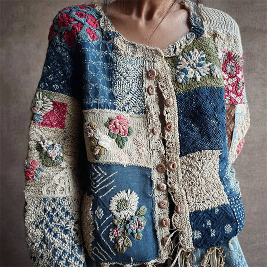 Comstylish Vintage Floral Japanese Sashiko Art Patchwork Cozy Knit Cardigan