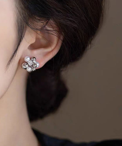 Colorblock Copper Zircon Pearl Stud Earrings