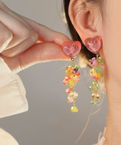 Diy Colorblock Copper Gem Stone Love Tassel Drop Earrings
