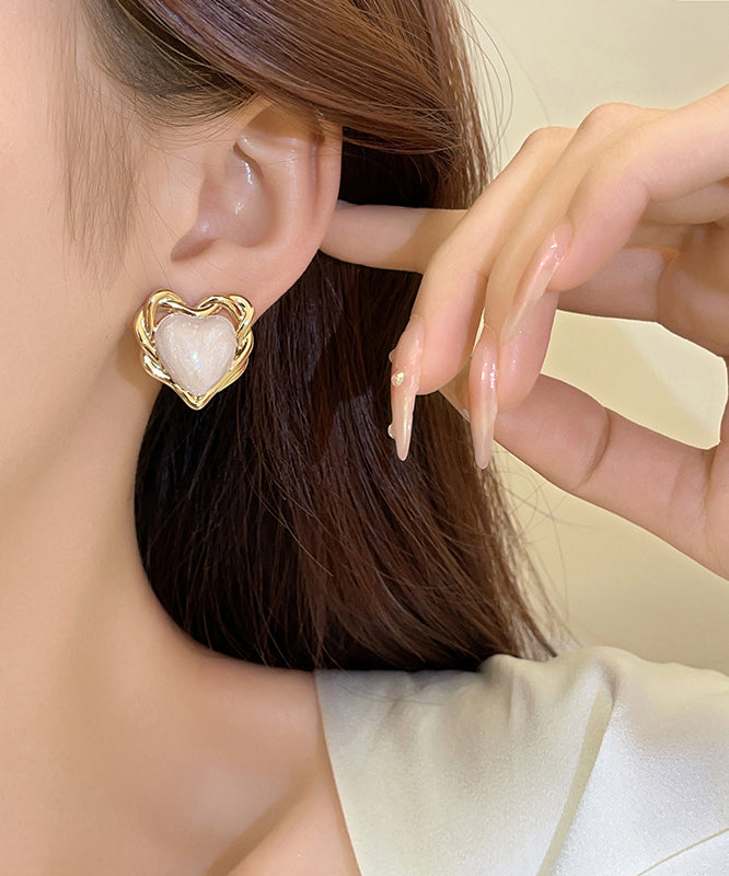 White Copper Overgild Drip Glaze Love Stud Earrings