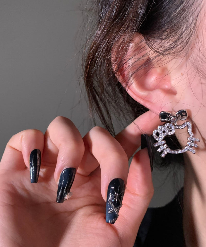 Unique Black Copper Zircon Bow Kitty Cat Stud Earrings