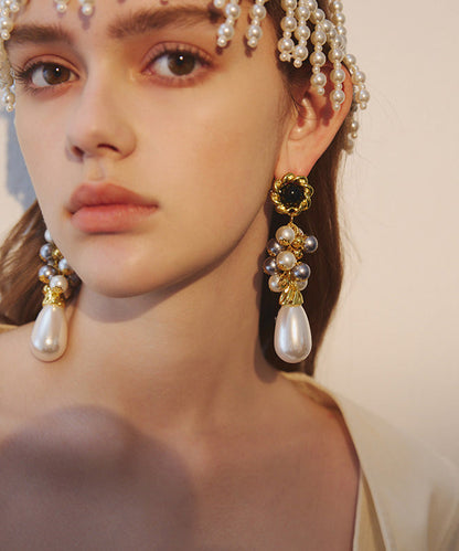 Exaggeration Gold Grape Bunches Pearl Water Drop Alloy Drop Earrings