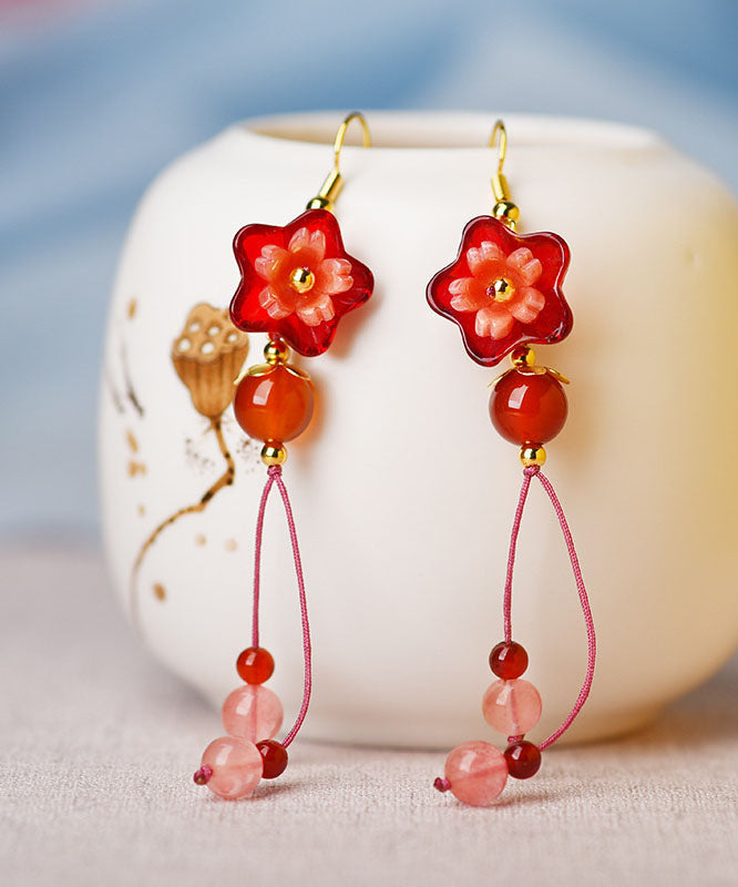 Red Flower Crystal Wedding Drop Earrings