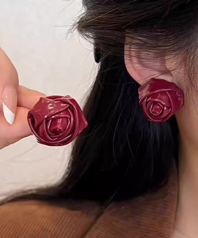 Handmade Red Pu Rose Stud Earrings