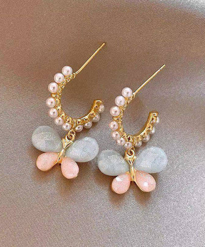 Rainbow Alloy Pearl Butterfly Hoop Earrings