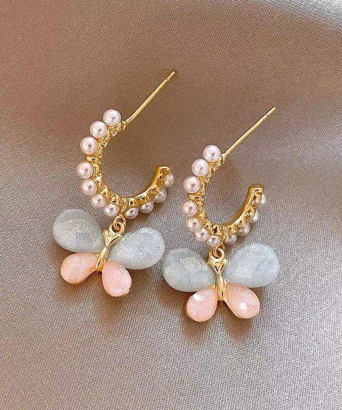 Rainbow Alloy Pearl Butterfly Hoop Earrings