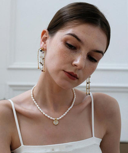 Stylish Gold Copper Rainbow Stone Tassel Drop Earrings
