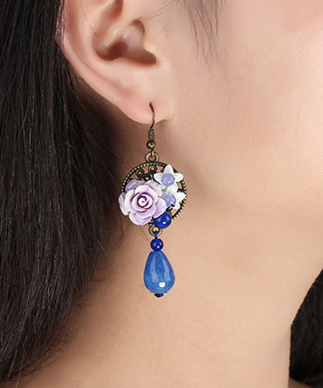 Blue Copper Shell Flower Chalcedony Drop Earrings