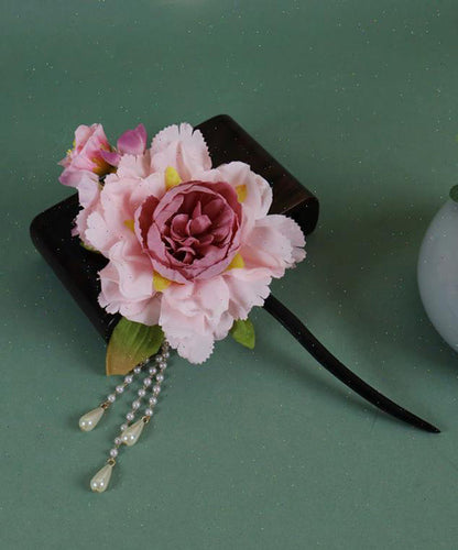 Chinese Style Pink Wooden Peony Pearl Tassel Hairpin