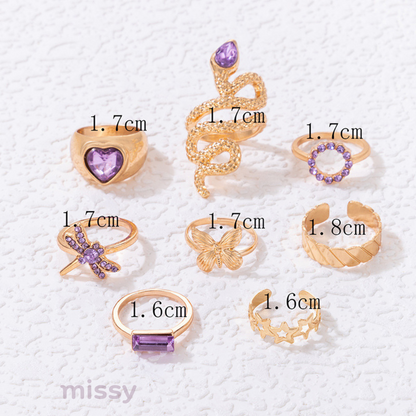 Lilac Crystal 8 Piece Ring Set