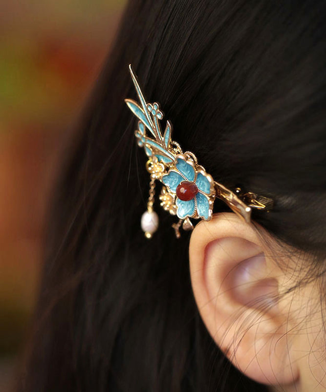Chinese Style Blue Sterling Silver Overgild Pearl Tassel Hairpin