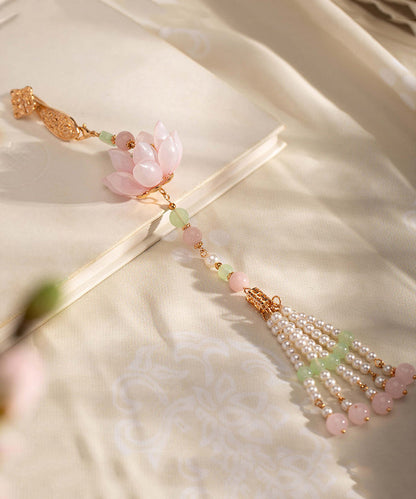 Pink Alloy Pearl Pearl Lotus Tassel Brooches