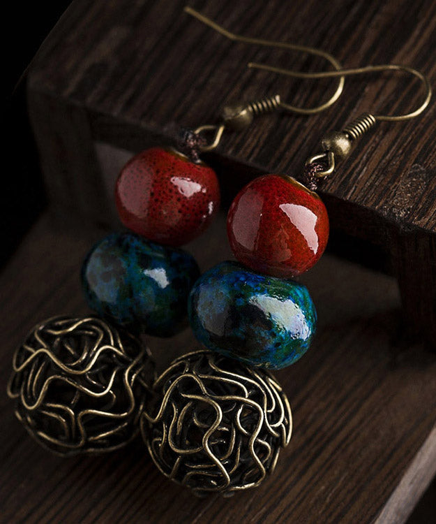 Red Sterling Silver Overgild Drop Jade Ceramics Earrings