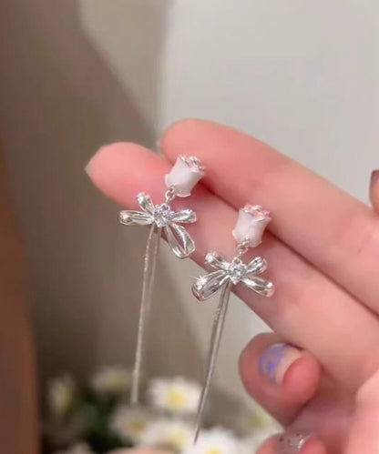 Skinny Silk Alloy Bow Tulip Tassel Drop Earrings