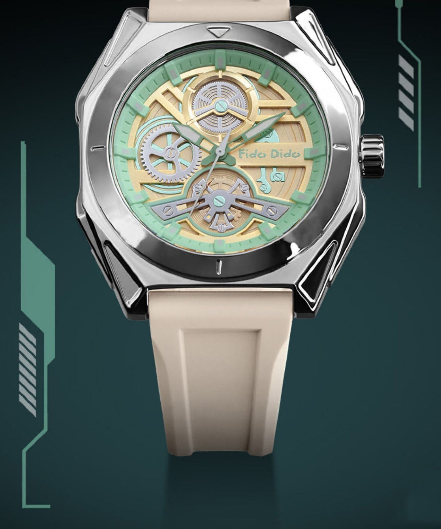 Beige Silicone Rubber Sapphire Crystal Waterproof Watches