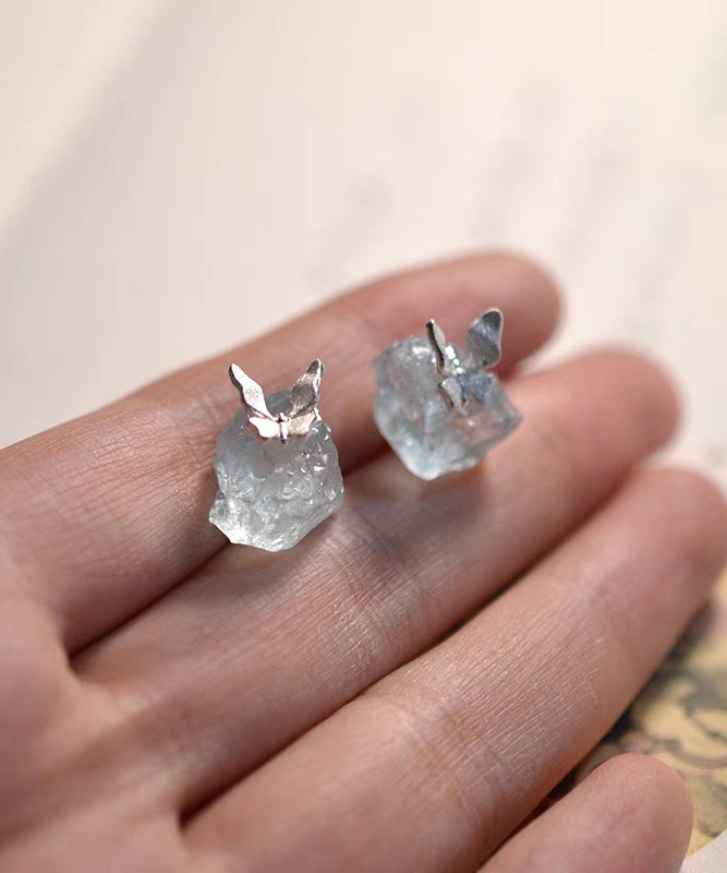 Diy Light Blue Sterling Silver Gem Stone Butterfly Stud Earrings
