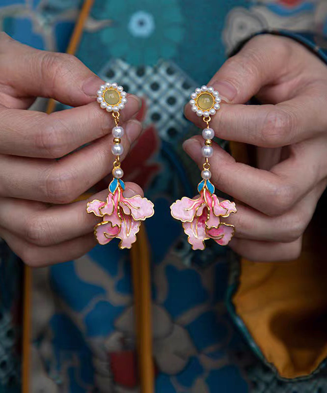 Rainbow Alloy Pearl Peony Enameling Tassel Drop Earrings