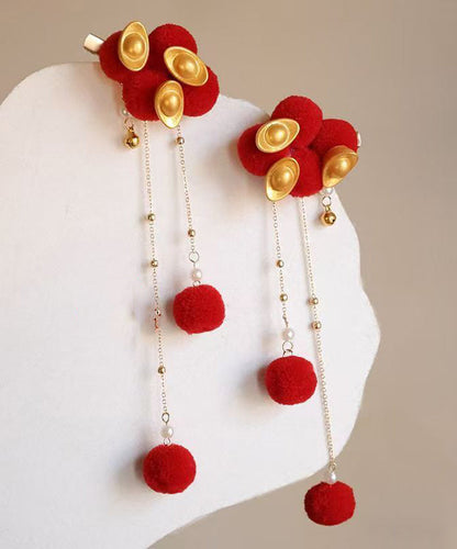 Chinese Style Red Alloy Fuzzy Ball Decorated Gold Bullion Tassel a Pair Hairpin