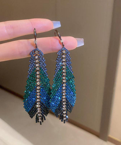 Multi Copper Zircon Feather Leaves Tassel Drop Earrings