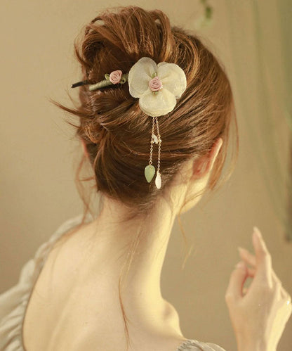 Original Design Apricot Fabric Tulle Pearl Tassel Hairpin