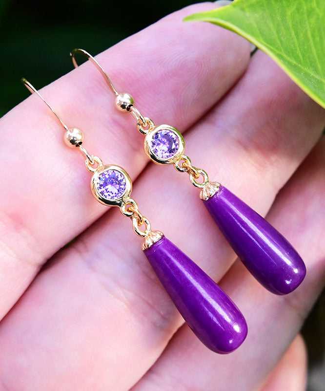 Stylish Purple 14k Gold Inlaid Mica Crystal Drop Earrings