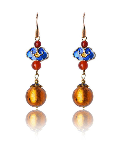 Stylish Yellow Coloured Glaze Cloisonne 14k Gold Chinese Style Drop Earrings