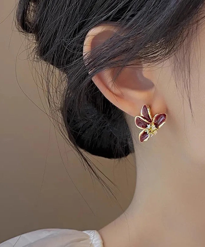 Stylish Mulberry Sterling Silver Overgild Asymmetrical Zircon Stud Earrings