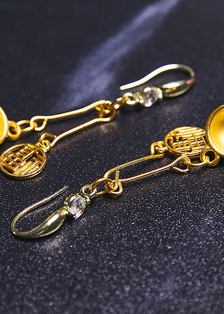 Handmade Golden Bowl and Fu Character 14k Gold Drop Earrings