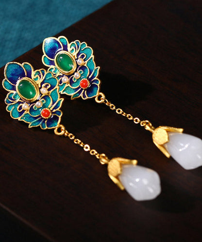 Blue Jade Enamel Agate Orchid Drop Earrings